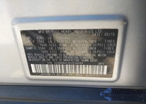 2013 Subaru Outback 2.5I z USA, uszkodzony, nr VIN 4S4BRBAC2D3318494